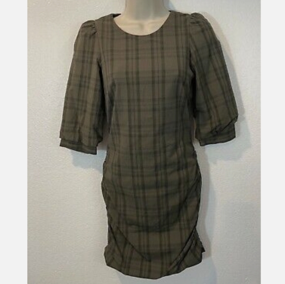 Zara Plaid Ruched Mini Dress Green Grey Sz Small - Picture 2 of 7